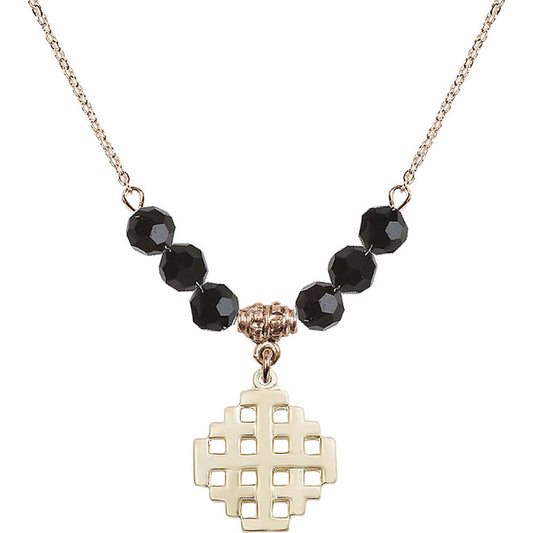 14kt Gold Filled Jerusalem Cross Birthstone Necklace with Jet Beads - 4139