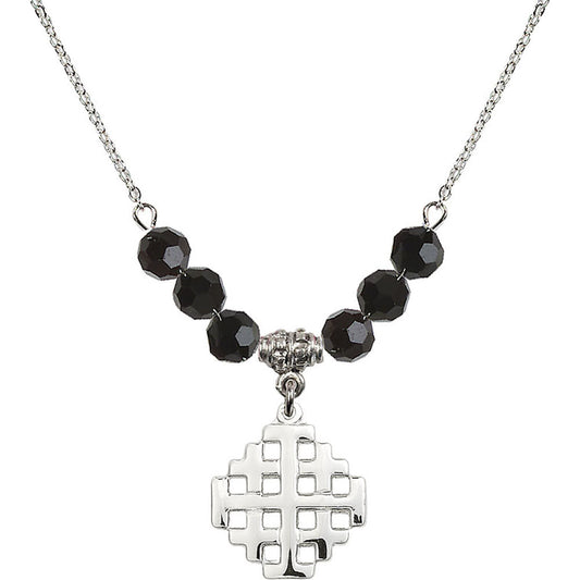 Sterling Silver Jerusalem Cross Birthstone Necklace with Jet Beads - 4139