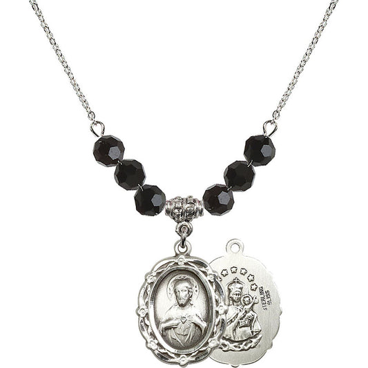 Sterling Silver Scapular Birthstone Necklace with Jet Beads - 4146