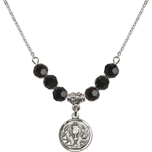 Sterling Silver Communion Chalice Birthstone Necklace with Jet Beads - 4203