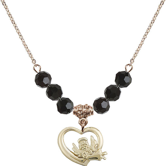 14kt Gold Filled Heart / Guardian Angel Birthstone Necklace with Jet Beads - 4206