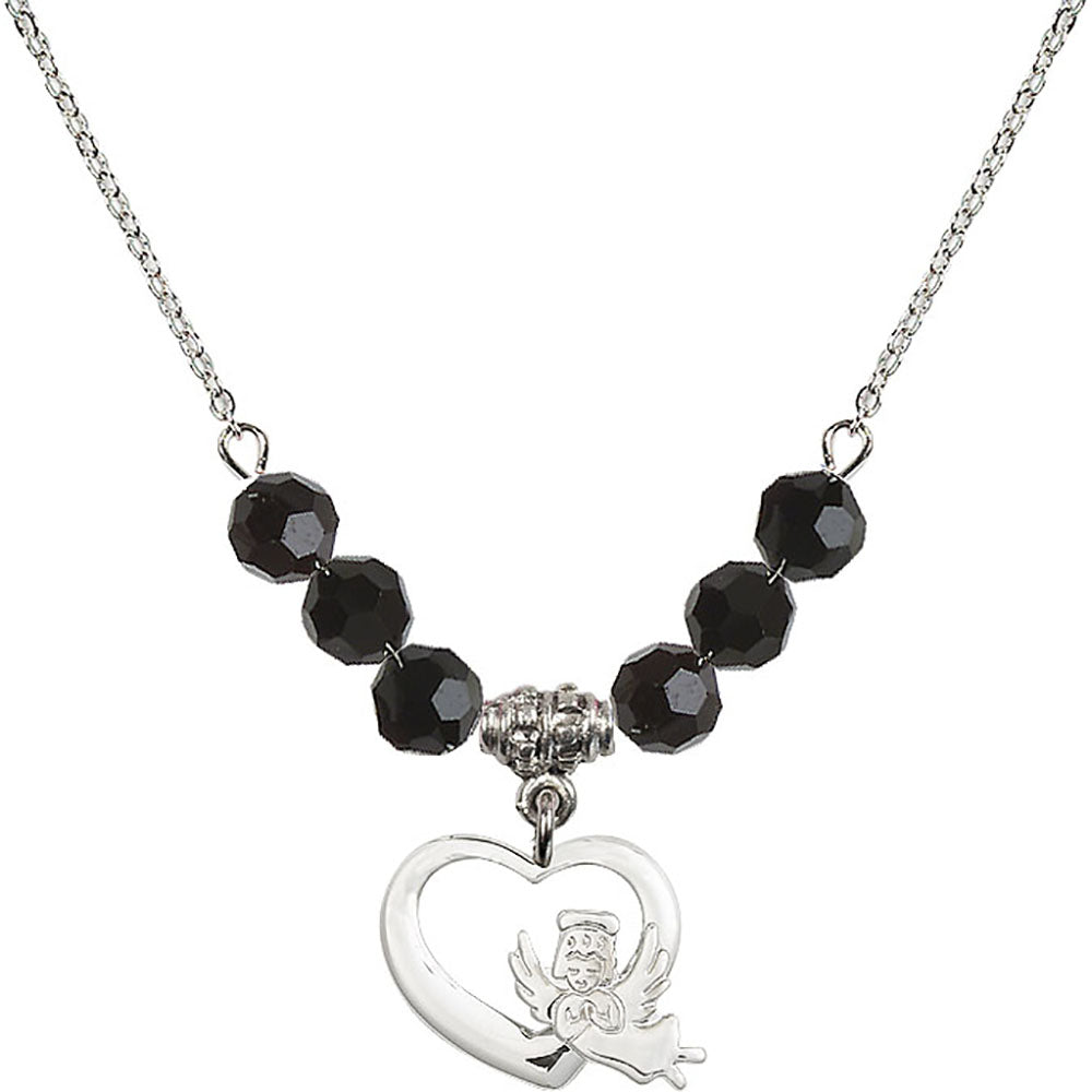 Sterling Silver Heart / Guardian Angel Birthstone Necklace with Jet Beads - 4206