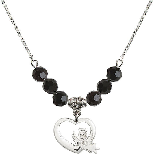 Sterling Silver Heart / Guardian Angel Birthstone Necklace with Jet Beads - 4206