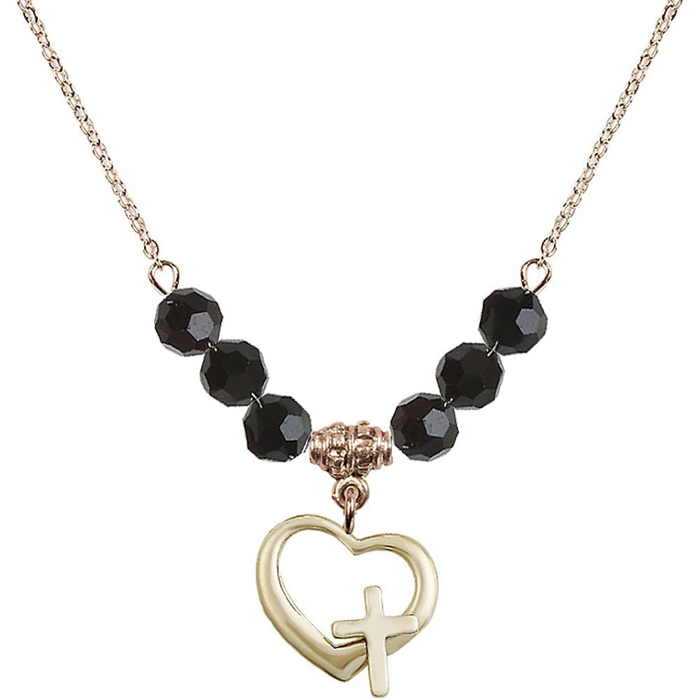 14kt Gold Filled Heart / Cross Birthstone Necklace with Jet Beads - 4207