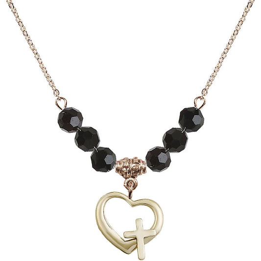 14kt Gold Filled Heart / Cross Birthstone Necklace with Jet Beads - 4207