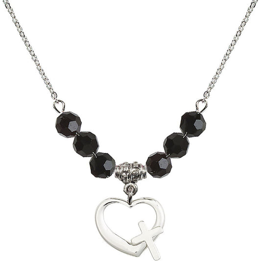 Sterling Silver Heart / Cross Birthstone Necklace with Jet Beads - 4207