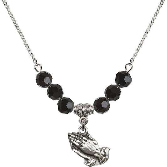 Sterling Silver Praying Hands Birthstone Necklace with Jet Beads - 4219