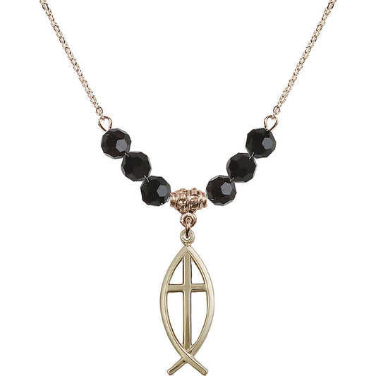 14kt Gold Filled Fish / Cross Birthstone Necklace with Jet Beads - 4252