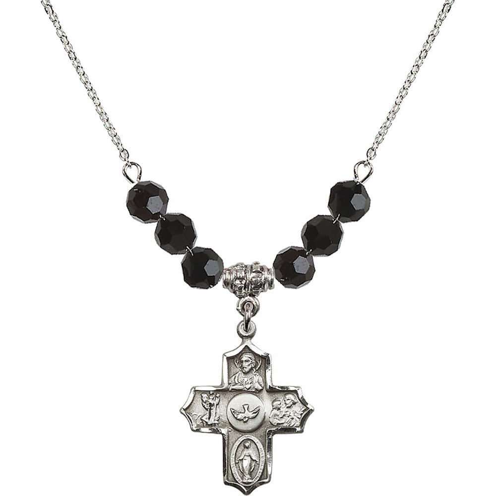 Sterling Silver 5-Way Birthstone Necklace with Jet Beads - 4255