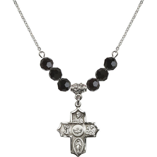 Sterling Silver 5-Way Birthstone Necklace with Jet Beads - 4255