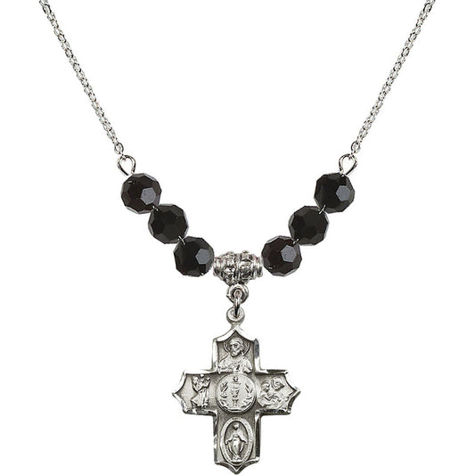 Sterling Silver 4-Way Birthstone Necklace with Jet Beads - 4256