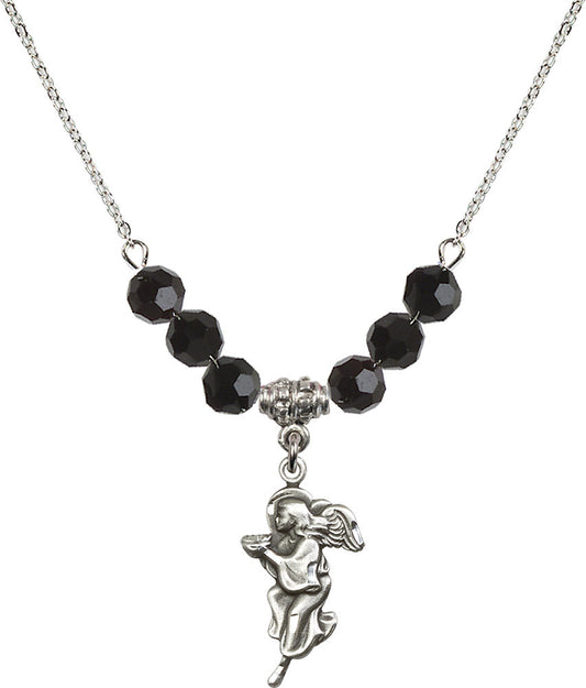 Sterling Silver Guardian Angel Birthstone Necklace with Jet Beads - 4260