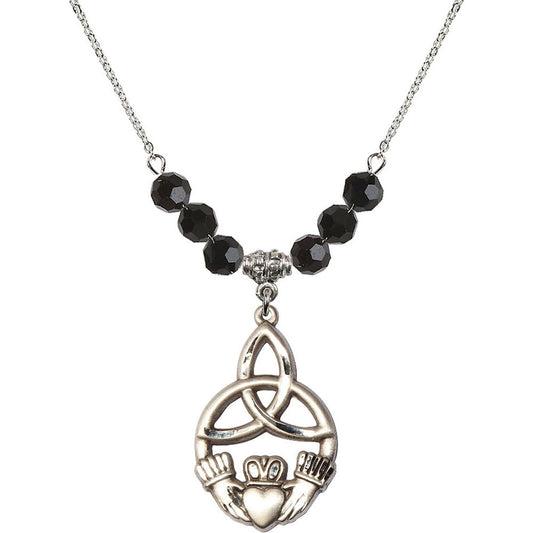 Sterling Silver Irish Knot / Claddagh Birthstone Necklace with Jet Beads - 5102