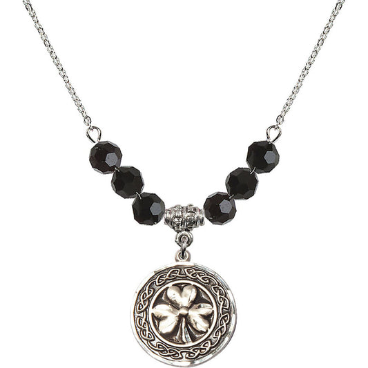 Sterling Silver Shamrock w/ Celtic Border Birthstone Necklace with Jet Beads - 5106