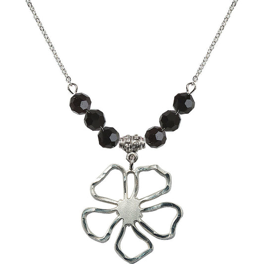 Sterling Silver Five Pedal Flower Birthstone Necklace with Jet Beads - 5109