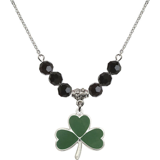 Sterling Silver Shamrock Birthstone Necklace with Jet Beads - 5248