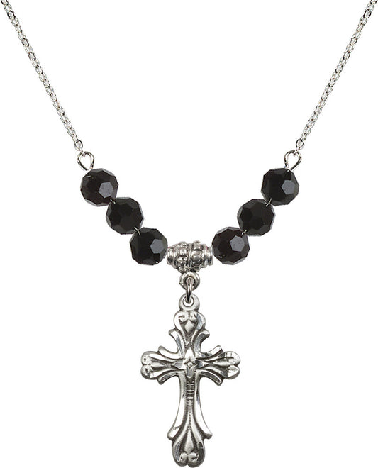 Sterling Silver Cross Birthstone Necklace with Jet Beads - 5419