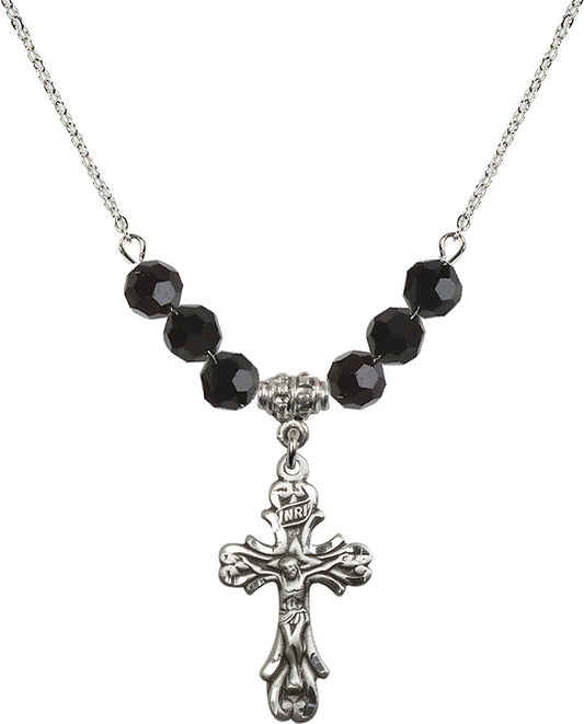 Sterling Silver Crucifix Birthstone Necklace with Jet Beads - 5421