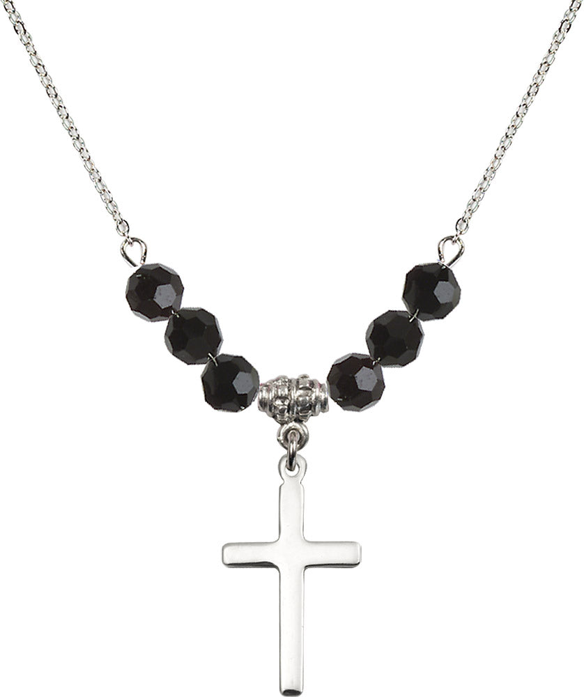 Sterling Silver Cross Birthstone Necklace with Jet Beads - 5670