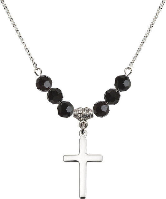 Sterling Silver Cross Birthstone Necklace with Jet Beads - 5670