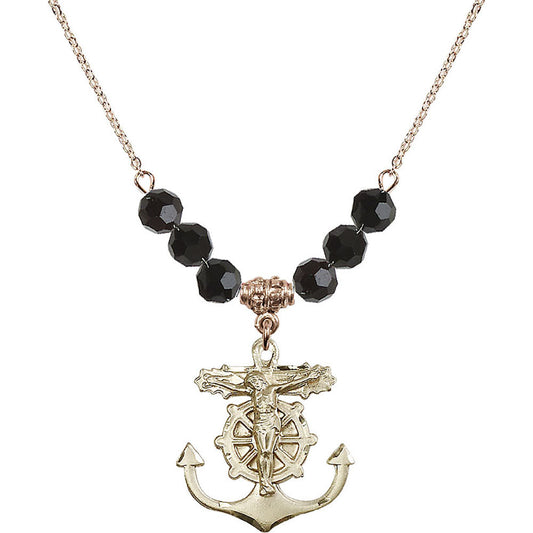 14kt Gold Filled Anchor Crucifix Birthstone Necklace with Jet Beads - 5685
