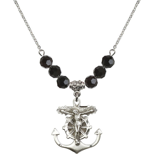 Sterling Silver Anchor Crucifix Birthstone Necklace with Jet Beads - 5685