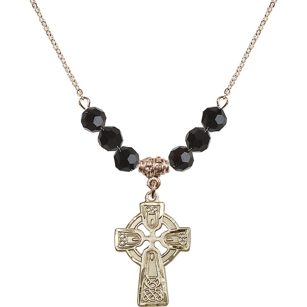 14kt Gold Filled Celtic Cross Birthstone Necklace with Jet Beads - 5689