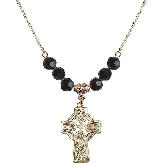 14kt Gold Filled Celtic Cross Birthstone Necklace with Jet Beads - 5689