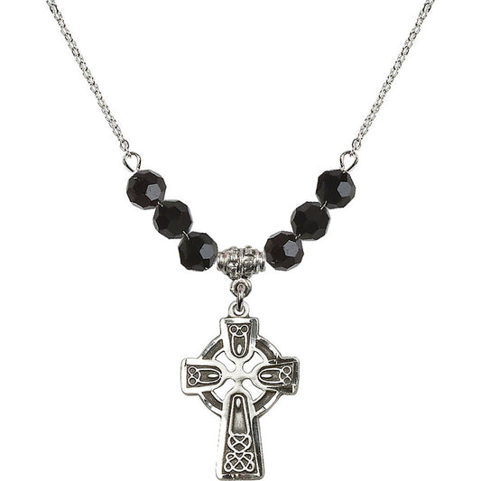 Sterling Silver Celtic Cross Birthstone Necklace with Jet Beads - 5689