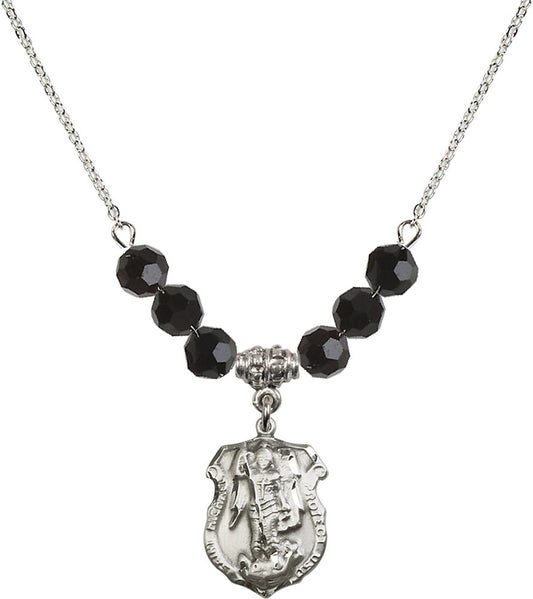 Sterling Silver Saint Michael the Archangel Birthstone Necklace with Jet Beads - 5692
