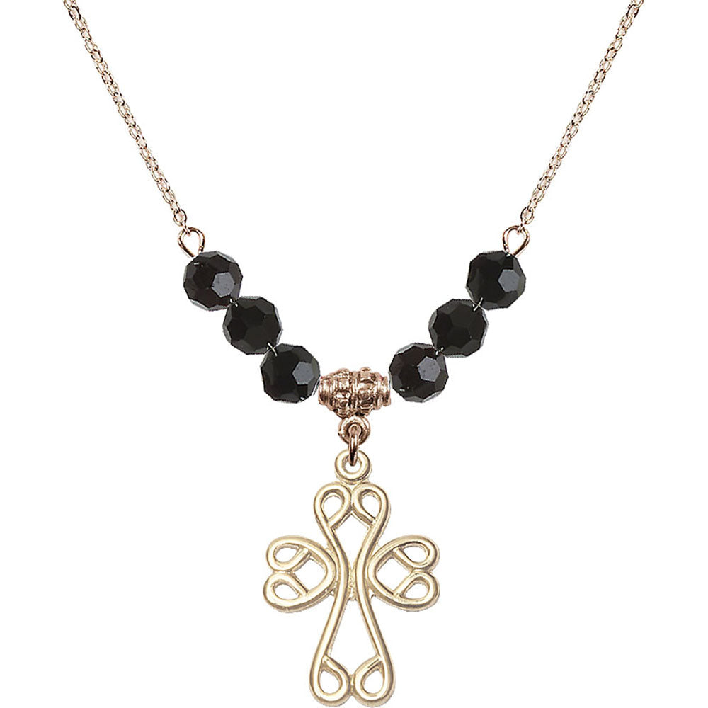 14kt Gold Filled Scroll Cross Birthstone Necklace with Jet Beads - 5998
