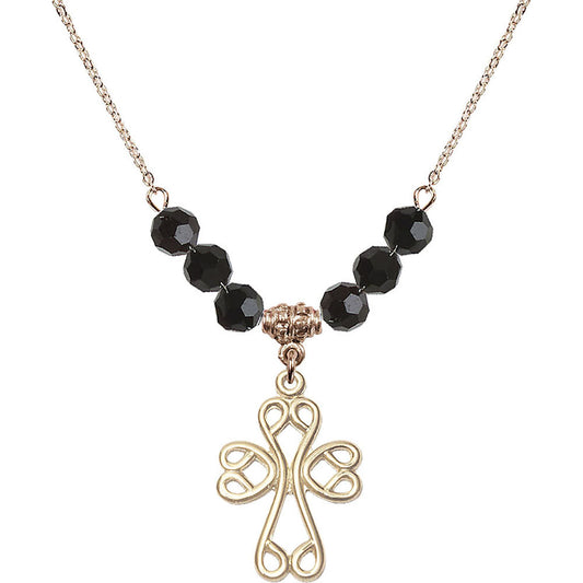 14kt Gold Filled Scroll Cross Birthstone Necklace with Jet Beads - 5998