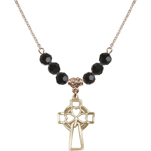 14kt Gold Filled Shamrock Cross Birthstone Necklace with Jet Beads - 5999