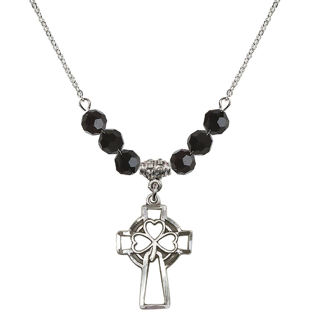 Sterling Silver Shamrock Cross Birthstone Necklace with Jet Beads - 5999