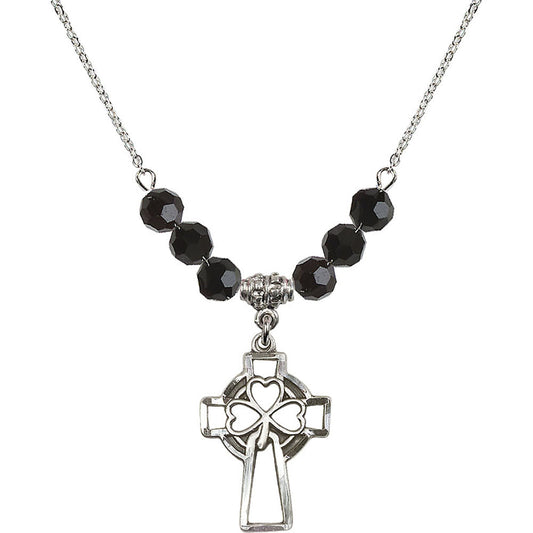 Sterling Silver Shamrock Cross Birthstone Necklace with Jet Beads - 5999