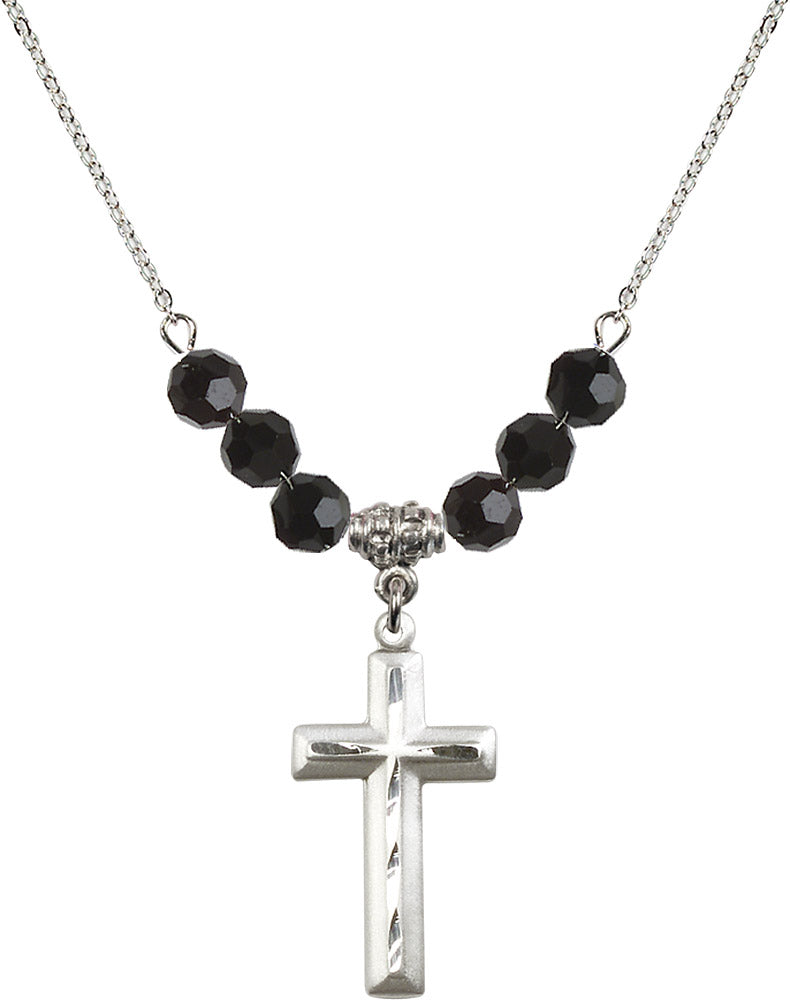 Sterling Silver Cross Birthstone Necklace with Jet Beads - 6000