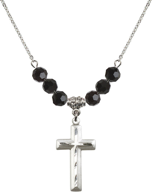 Sterling Silver Cross Birthstone Necklace with Jet Beads - 6000