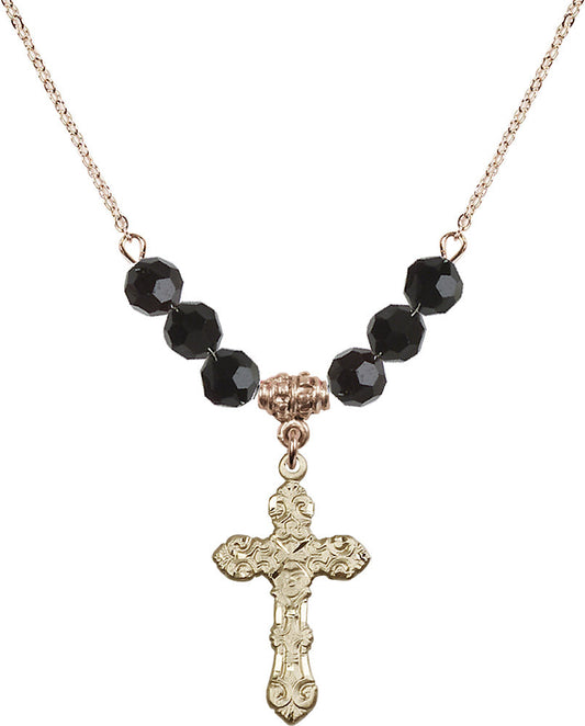 14kt Gold Filled Cross Birthstone Necklace with Jet Beads - 6001