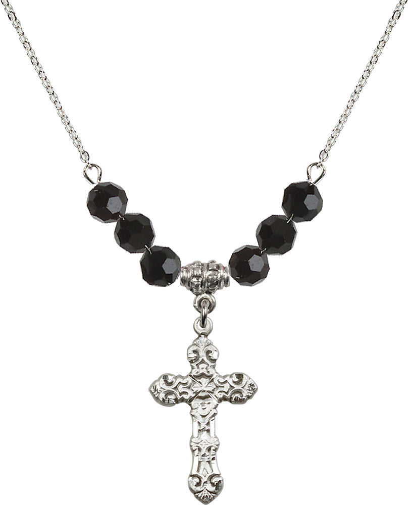 Sterling Silver Cross Birthstone Necklace with Jet Beads - 6001