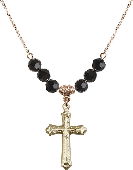 14kt Gold Filled Cross Birthstone Necklace with Jet Beads - 6007