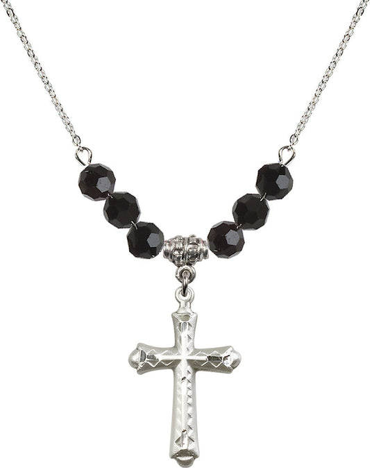 Sterling Silver Cross Birthstone Necklace with Jet Beads - 6007