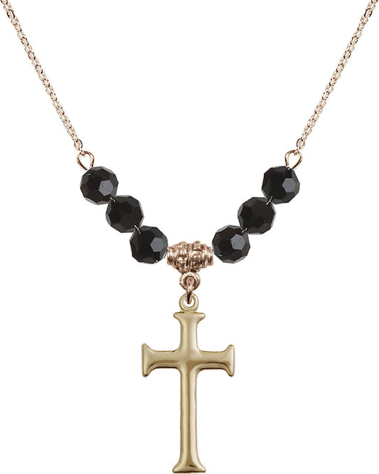 14kt Gold Filled Cross Birthstone Necklace with Jet Beads - 6008