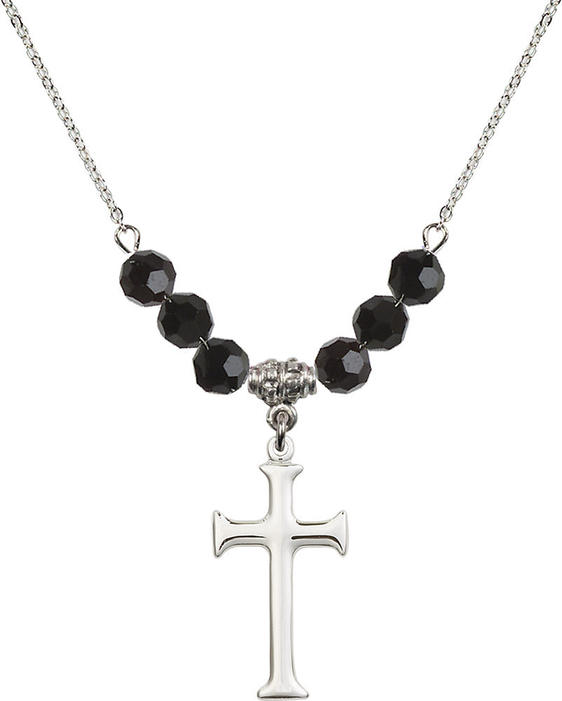 Sterling Silver Cross Birthstone Necklace with Jet Beads - 6008