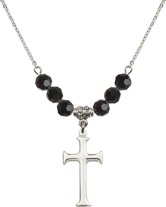 Sterling Silver Cross Birthstone Necklace with Jet Beads - 6008