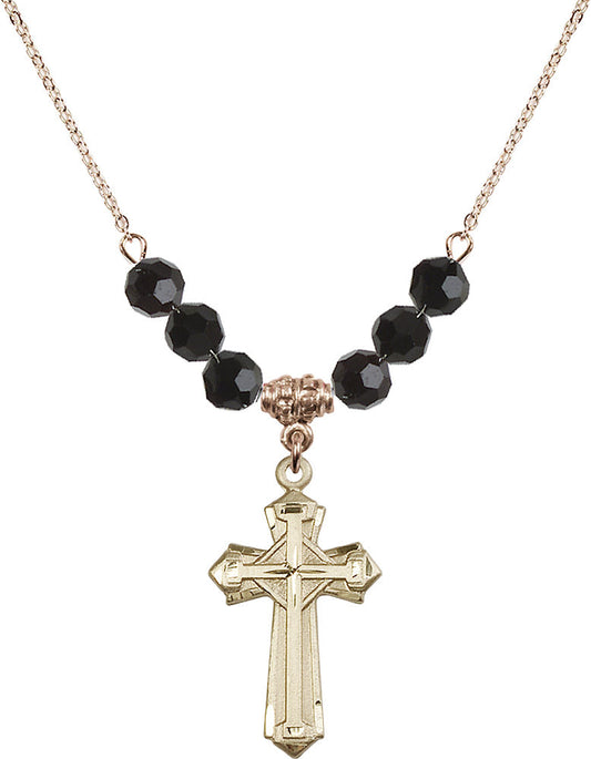 14kt Gold Filled Cross Birthstone Necklace with Jet Beads - 6012