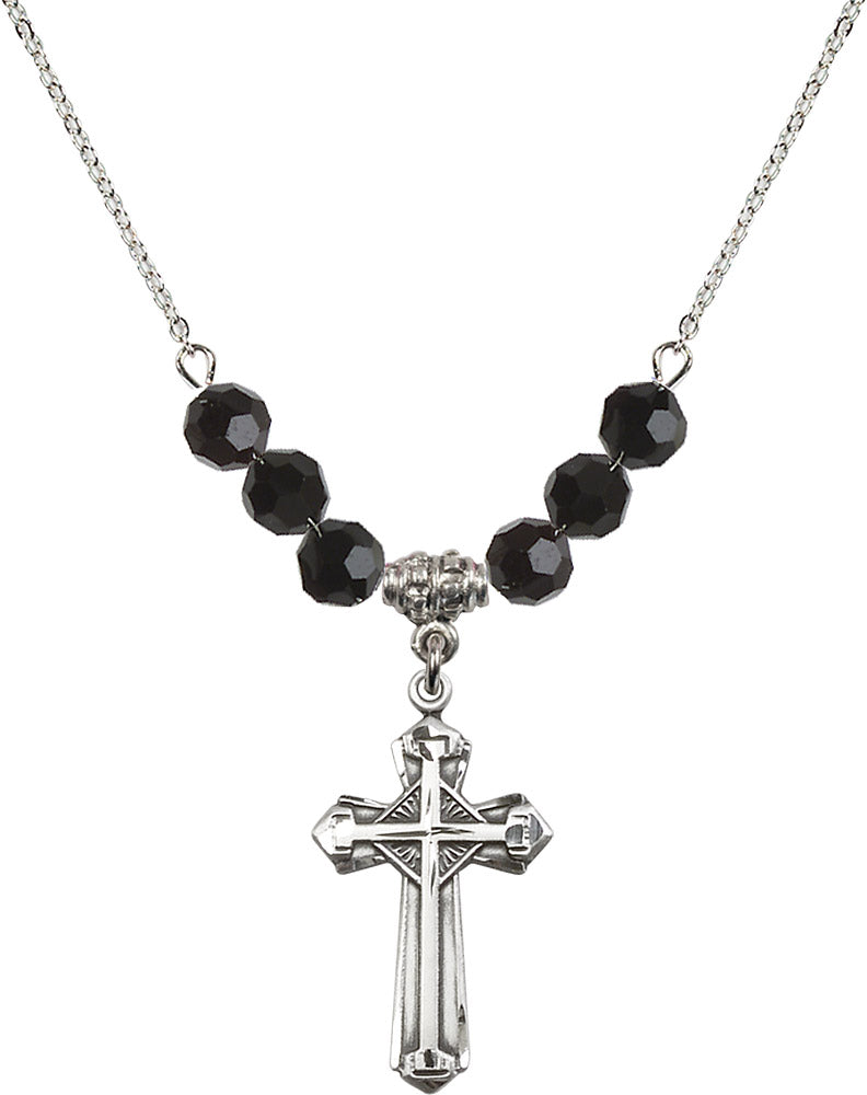 Sterling Silver Cross Birthstone Necklace with Jet Beads - 6012