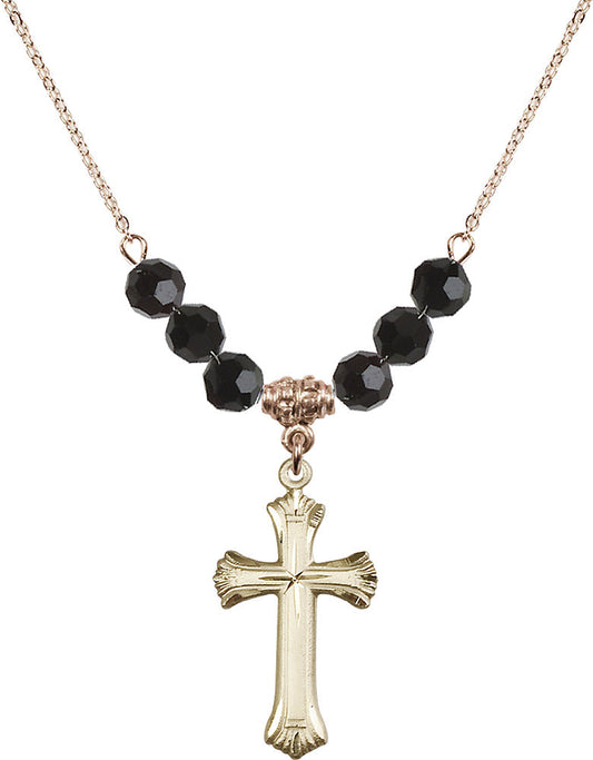 14kt Gold Filled Cross Birthstone Necklace with Jet Beads - 6013