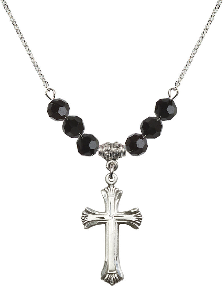 Sterling Silver Cross Birthstone Necklace with Jet Beads - 6013