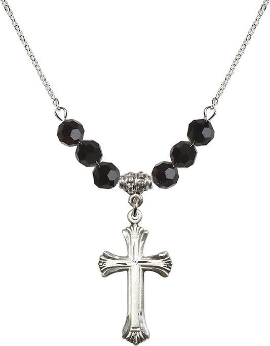 Sterling Silver Cross Birthstone Necklace with Jet Beads - 6013