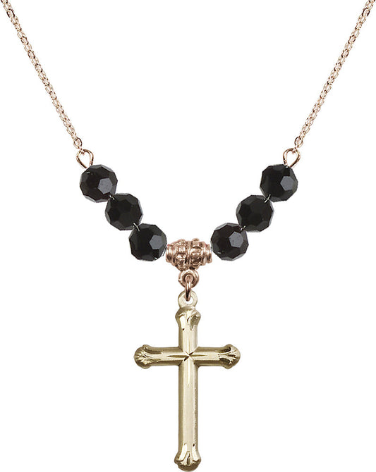 14kt Gold Filled Cross Birthstone Necklace with Jet Beads - 6022